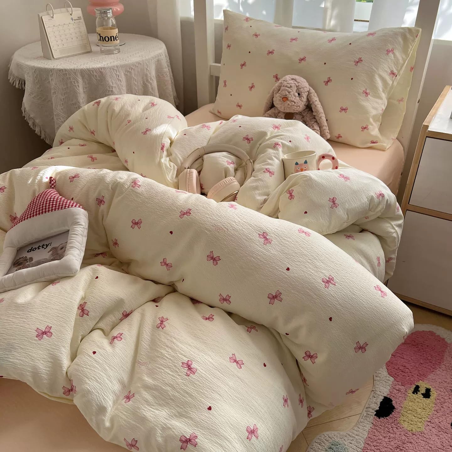 Sedefen Bow Duvet Cover Queen Size Pink Bowknot Duvet Cover Set with Heart Printed 3 Pcs Kids Boys Girls Princess Style Cute Bows Reversible Bedding Set with Zipper Closure