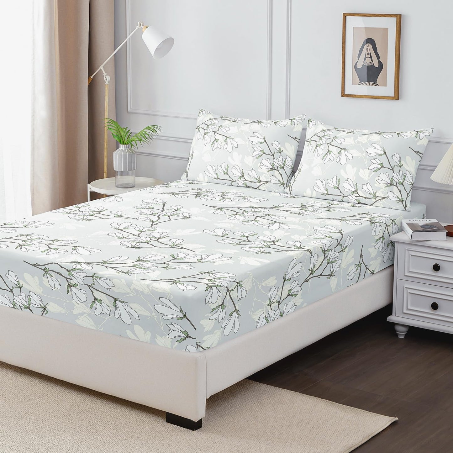 HCORA Floral Fitted Sheet with Pillow Cases, 100% Brushed Microfibre Deep Pocket Fitted Bottom Sheet, Ultra Soft, Shrinkage and Fade Resistant, Full Size