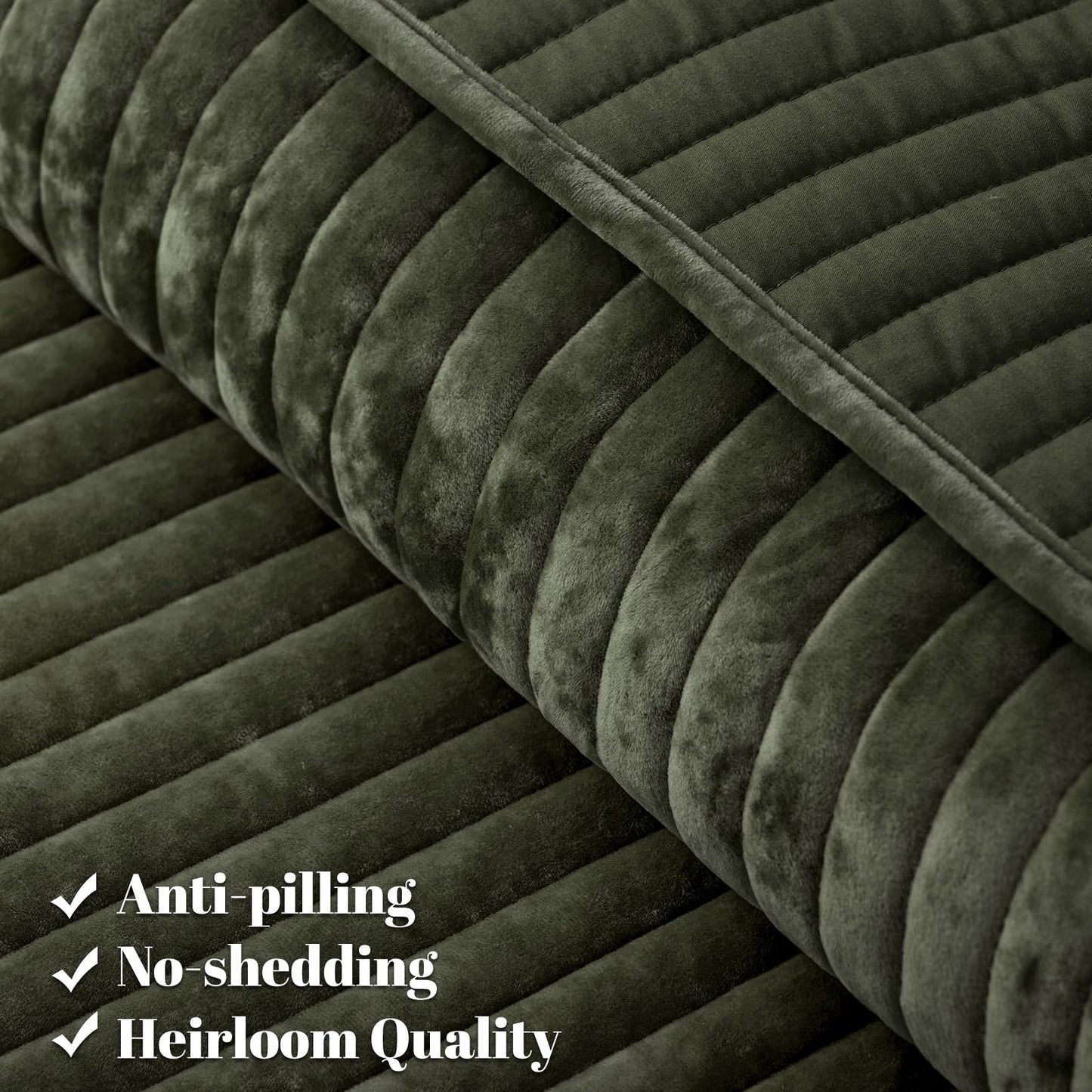 PHF Luxury Velvet Quilt Set Queen Size – 3PCS Ultra Soft Quilted Comforter Alternative with Striped Channel, Cozy Quilted Bedspread, 1 Coverlet with 2 Matching Shams, 90" x 92", Smokey Olive
