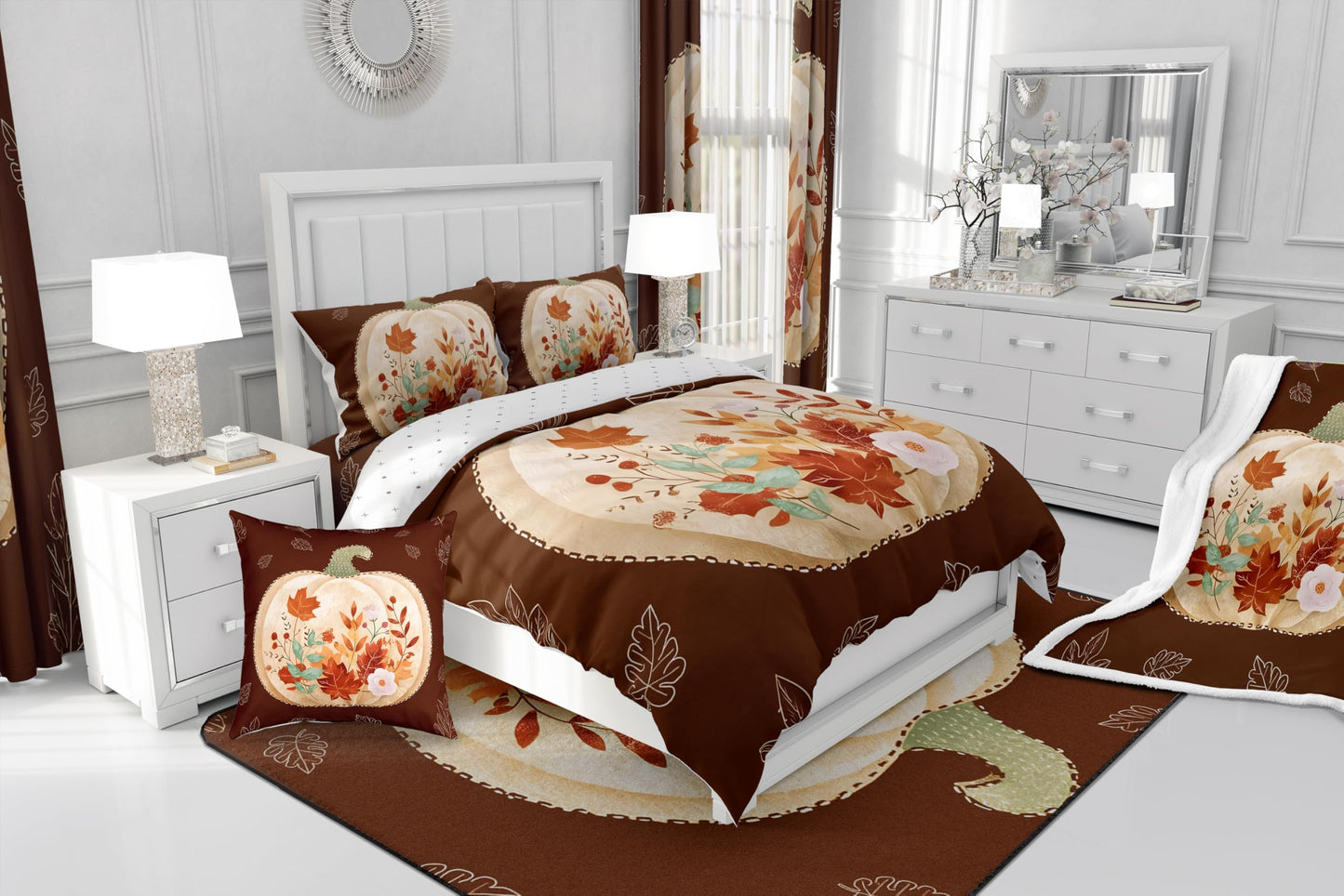 jejeloiu Fall Harvest Comforter Set with Sheets 7 Piece Twin Size Autumn Leaves Bedding Set for Kids Boys Girls Autumn Harvest Theme Bed in a Bag Room Decor Soft Lightweight Microfiber