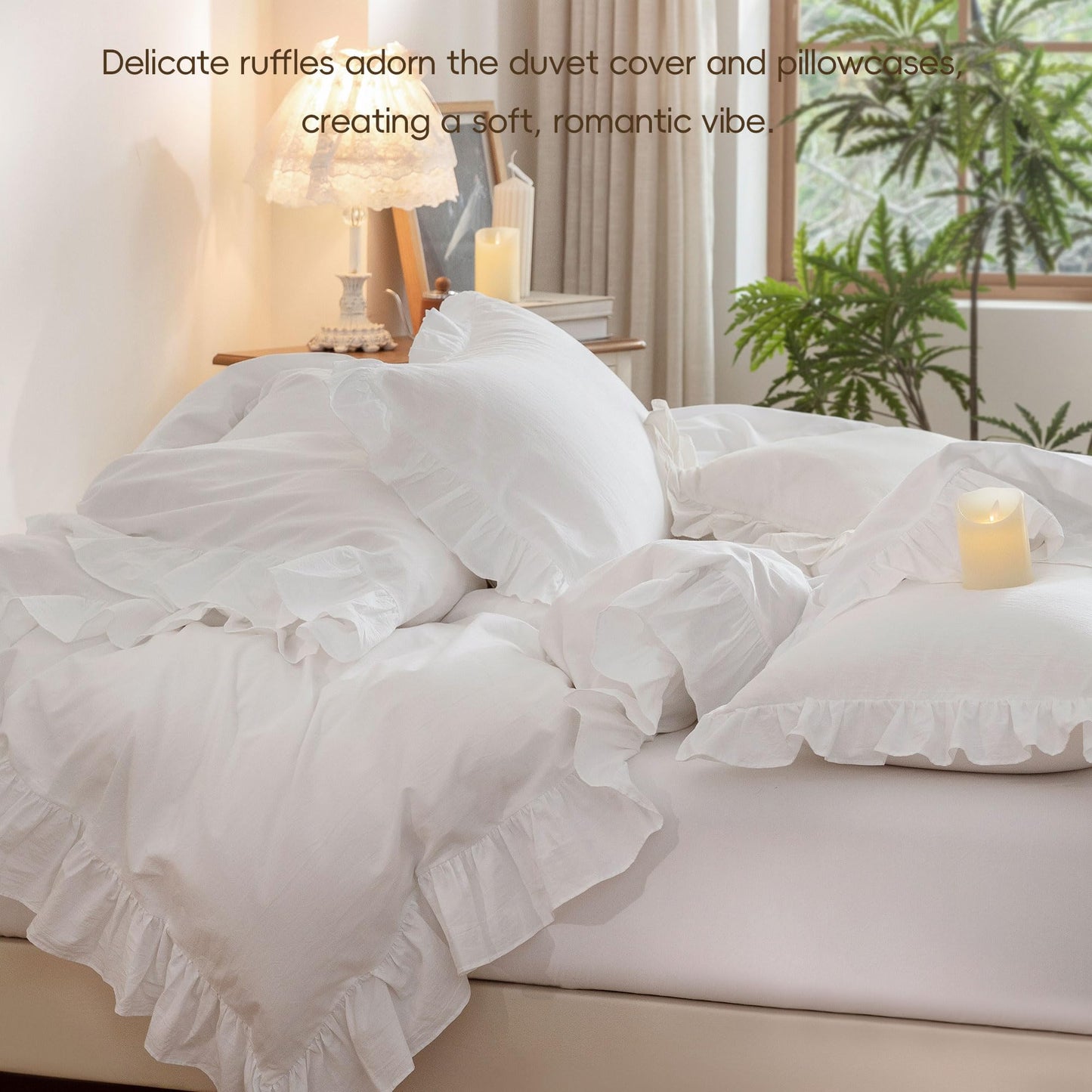 Ruffle Duvet Cover Queen Size: 100% Washed Cotton Linen Like Textured Soft