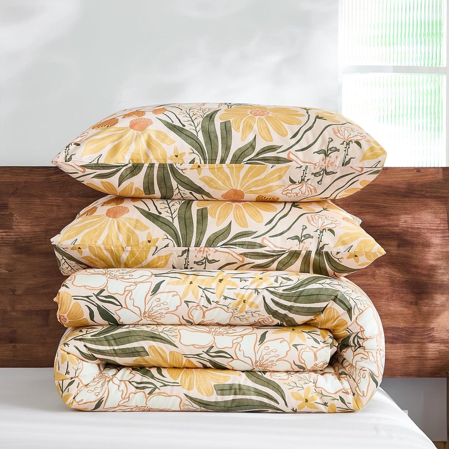 Bedorm 100% Cotton Comforter Set Queen Floral Bedding Set Yellow Flower Green Leaf Print French Country Bedding Extra Soft & Breathable Bedroom Comforter
