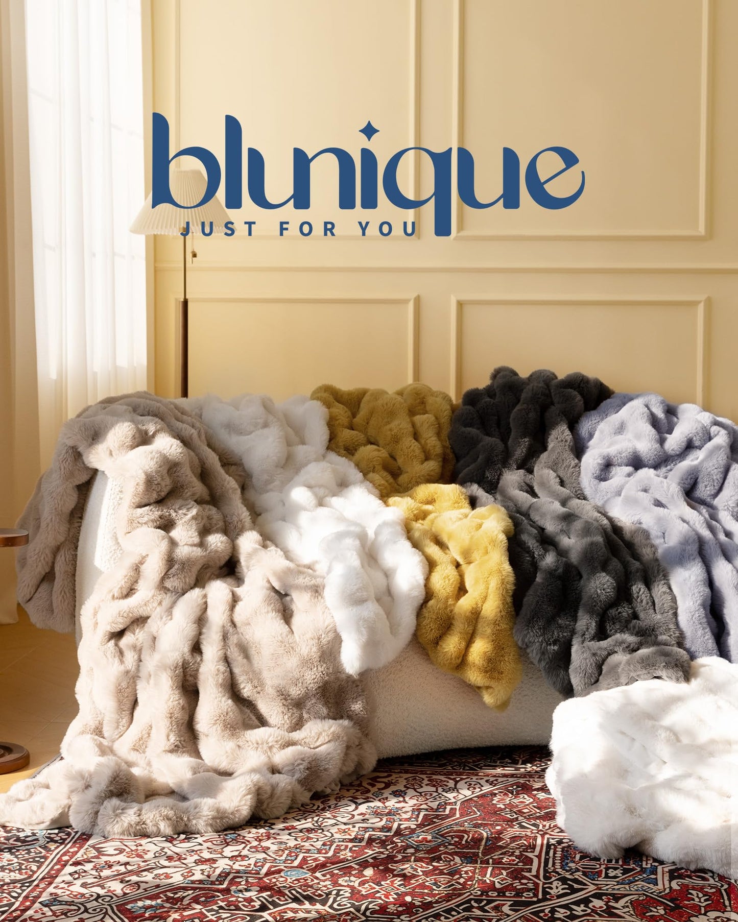 blunique Ultra Soft Cozy Faux Fur Throw Blanket, Fuzzy Plush Thick Bubble Blanket, Luxury Fluffy Blanket for Couch, Sofa, Bedroom, and Living Room, 50x60 Inches, Cream White