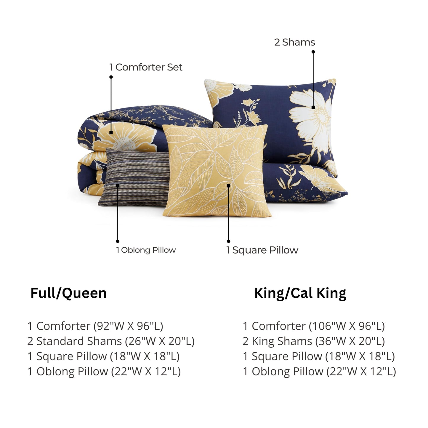 Bebejan Sunglow 5 Piece Comforter Set, 100% Cotton Sateen, 220 Thread Count, Blue Reversible Bedding Comforter Set, 1 Comforter, 2 Shams & 2 Pillows (King/Cal King)