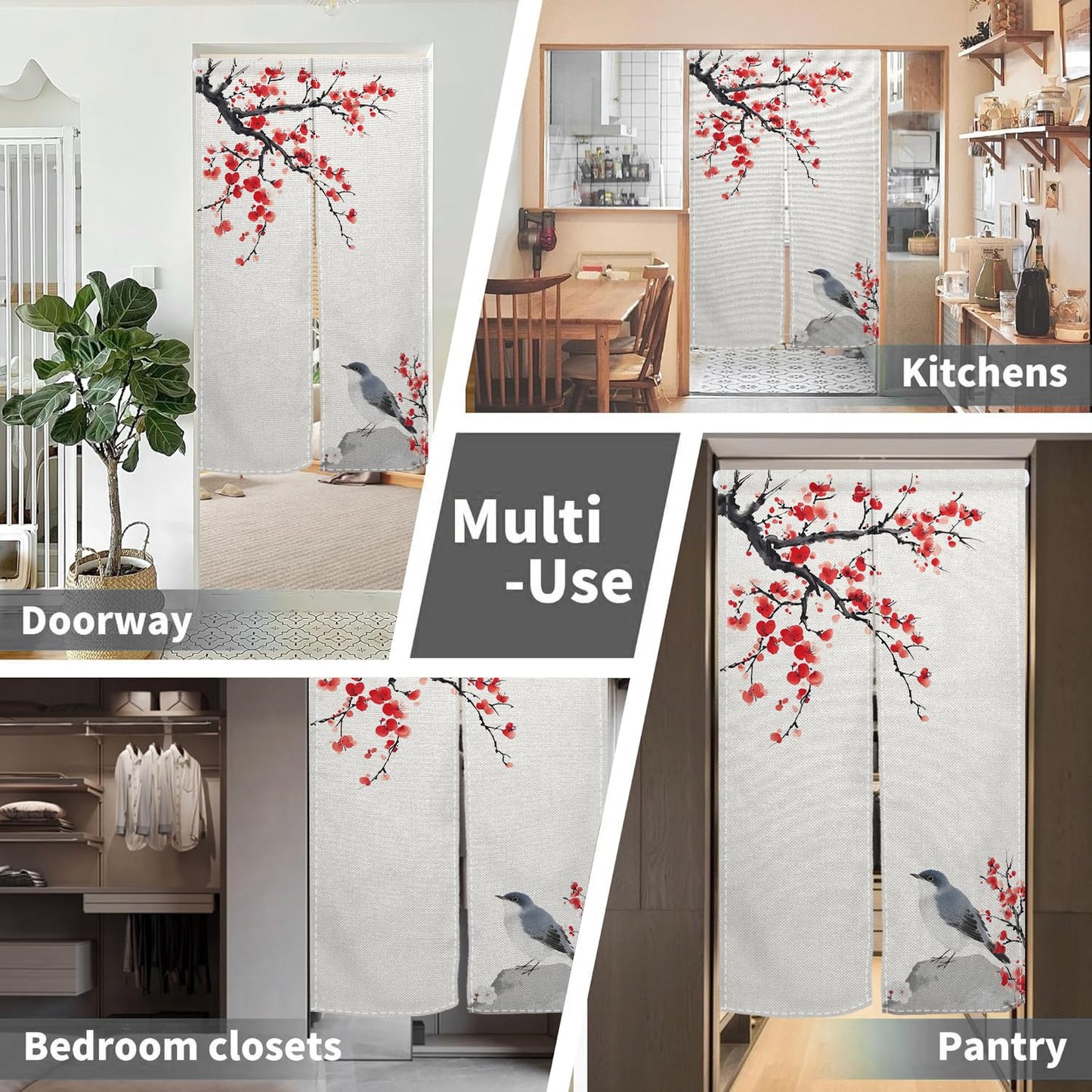 Leowefowa Long Japanese Noren Doorway Curtain Chinese Style Window Treatment Bird Printing Hanging Door Curtain Tapestry Panel for Room Divider Home Kitchen Decorations (Red, Blossom), 33.5"x 70.9"