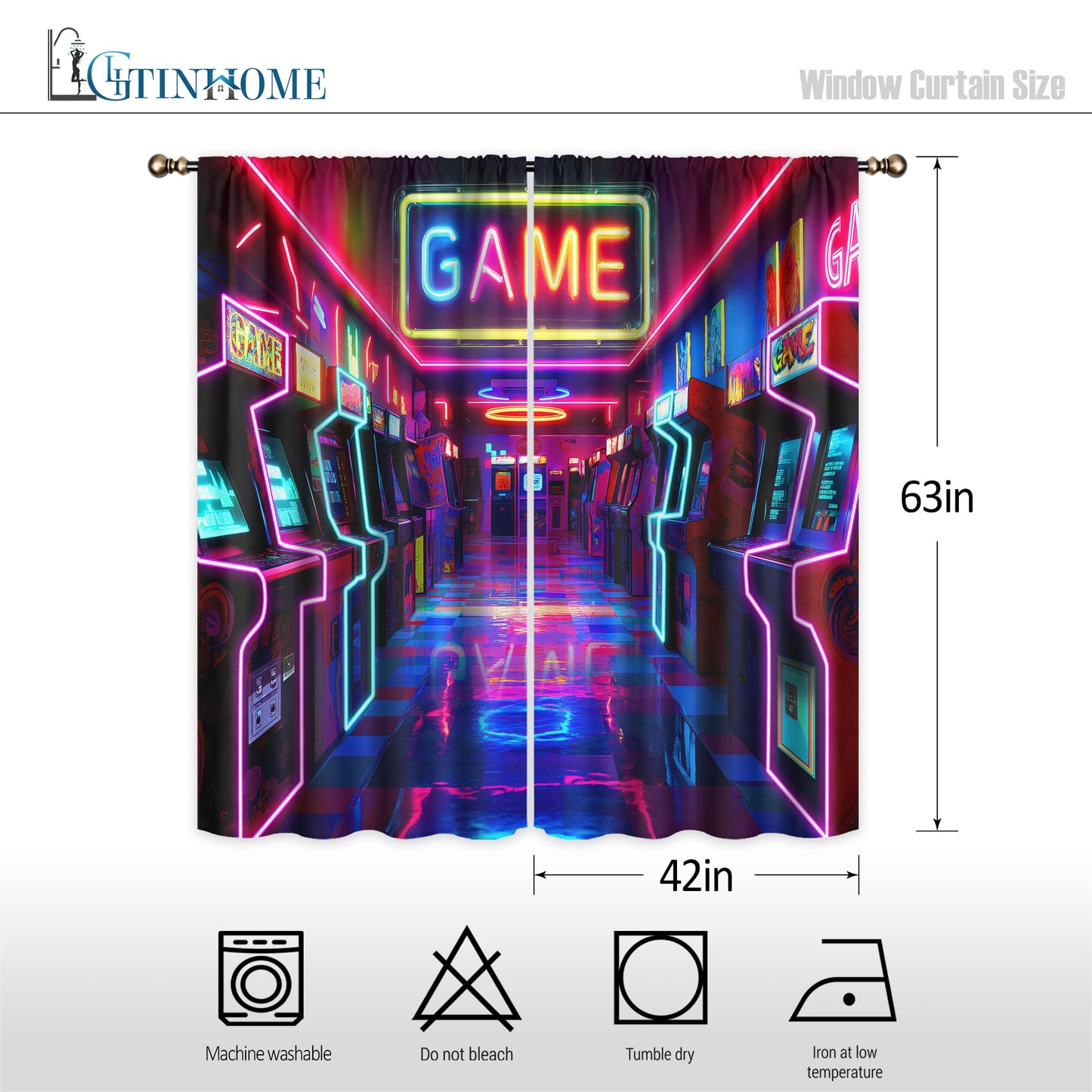 LIGHTINHOME Neon Arcade Game Curtains 42Wx63H Inch Retro Gamer Video Arcade Gaming Cool 80s 90s Window Curtains for Boys Bedroom Kids 2 Panels Rod Pocket Living Room Window Drapes Treatment Fabric