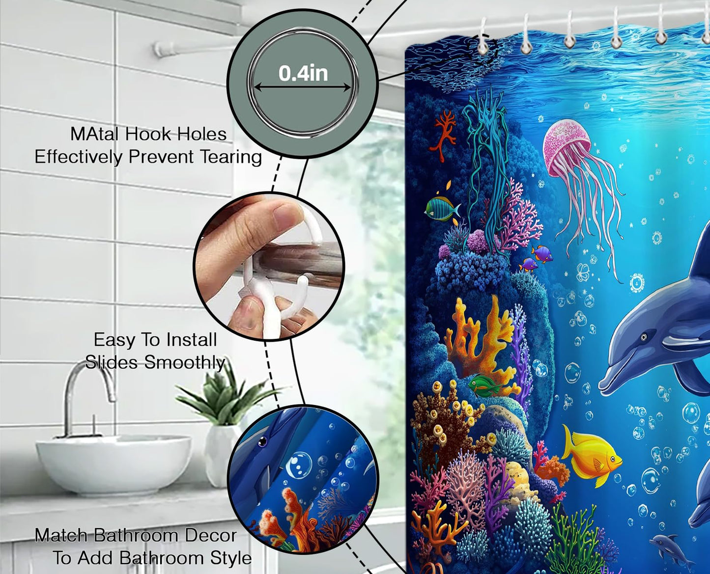 ZNLSU Underwater World Shower Curtain Blue Ocean Animal Dolphin Jellyfish Colorful Tropical Fish Sea Wildlife 70" WX70 H Bathroom Fabric Curtain with Hooks