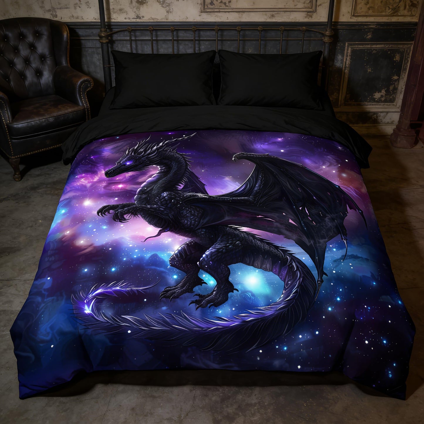CCoutueChen Fantasy Dragon Bedding Set Purple Blue Nebula Comforter Set Queen Size Mysterious Outer Space Bedding Set for Kids Boys Girls Teens Room Decor Safari Wildlife Animals Quilt Set