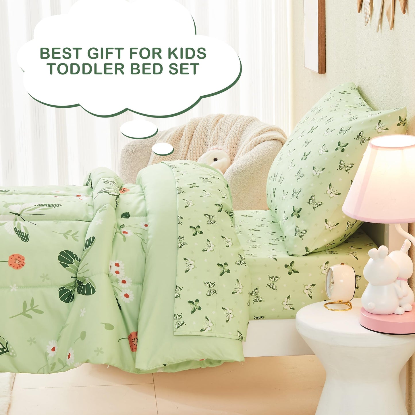 Mooreeke 4 Pieces Toddler Bedding Set - Soft Sage Green Butterfly Toddler Comforter Sets for Girls, Includes Quilted Comforter, Flat Sheet, Fitted Sheet and Pillowcase, Bed in A Bag for Baby Bedroom