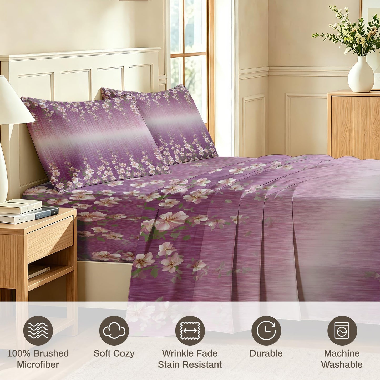 Girls Flower Full Sheet Set 4 Pcs Purple Gradient Bed Sheets