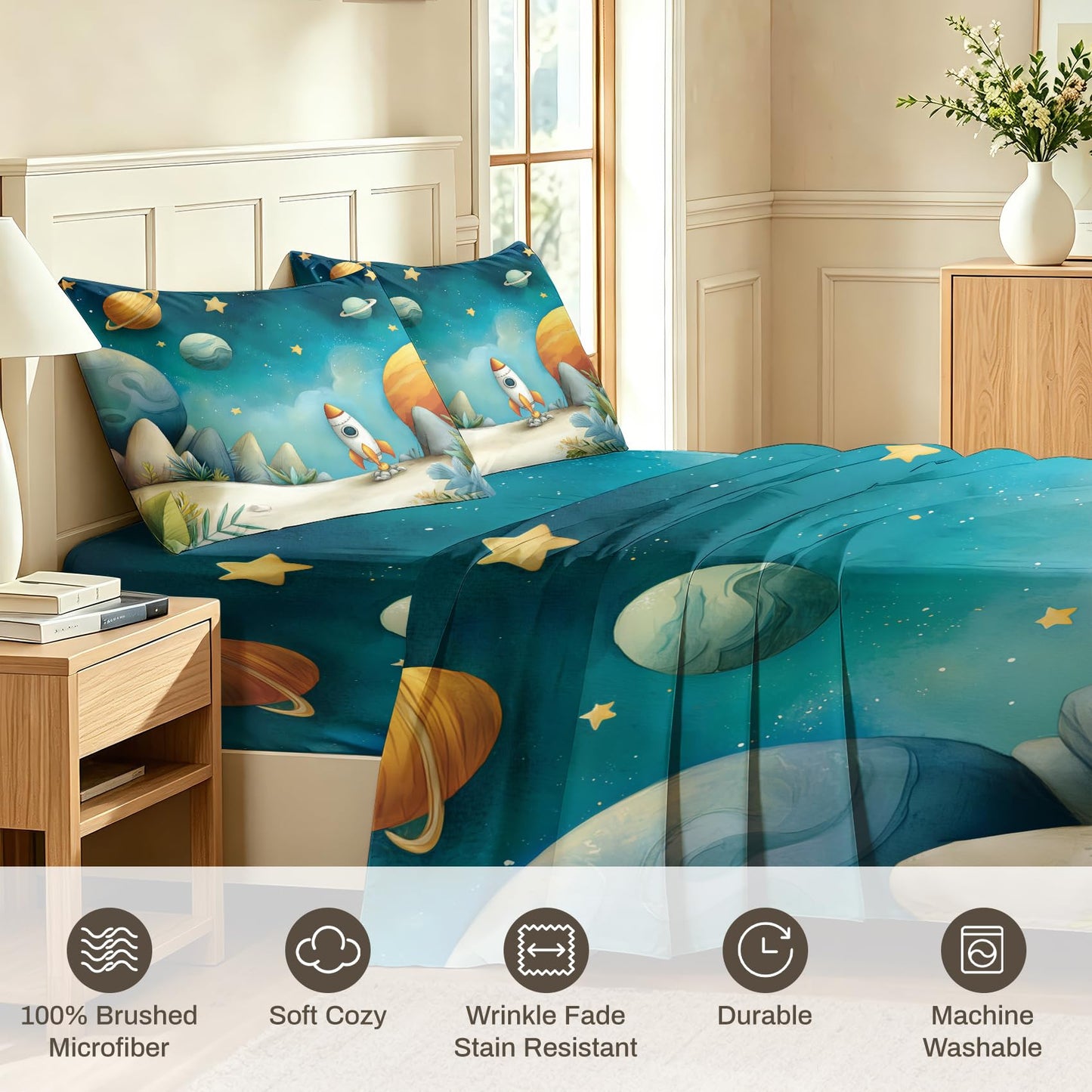 Kids Rocket Queen Sheet Set 4 Pcs Solar System Bed Sheets