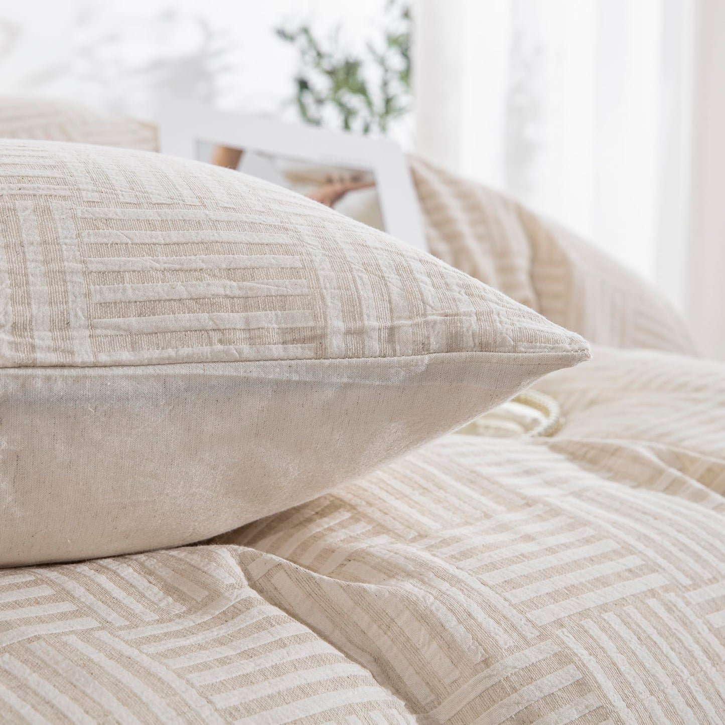 TodaFre Linen Cotton Duvet Cover King Size, Natural Moisture Wicking Beige Grid Weave Textured, Cooling Breathable Bedding Set for Hot Sleepers (Beige, 104" x 90")