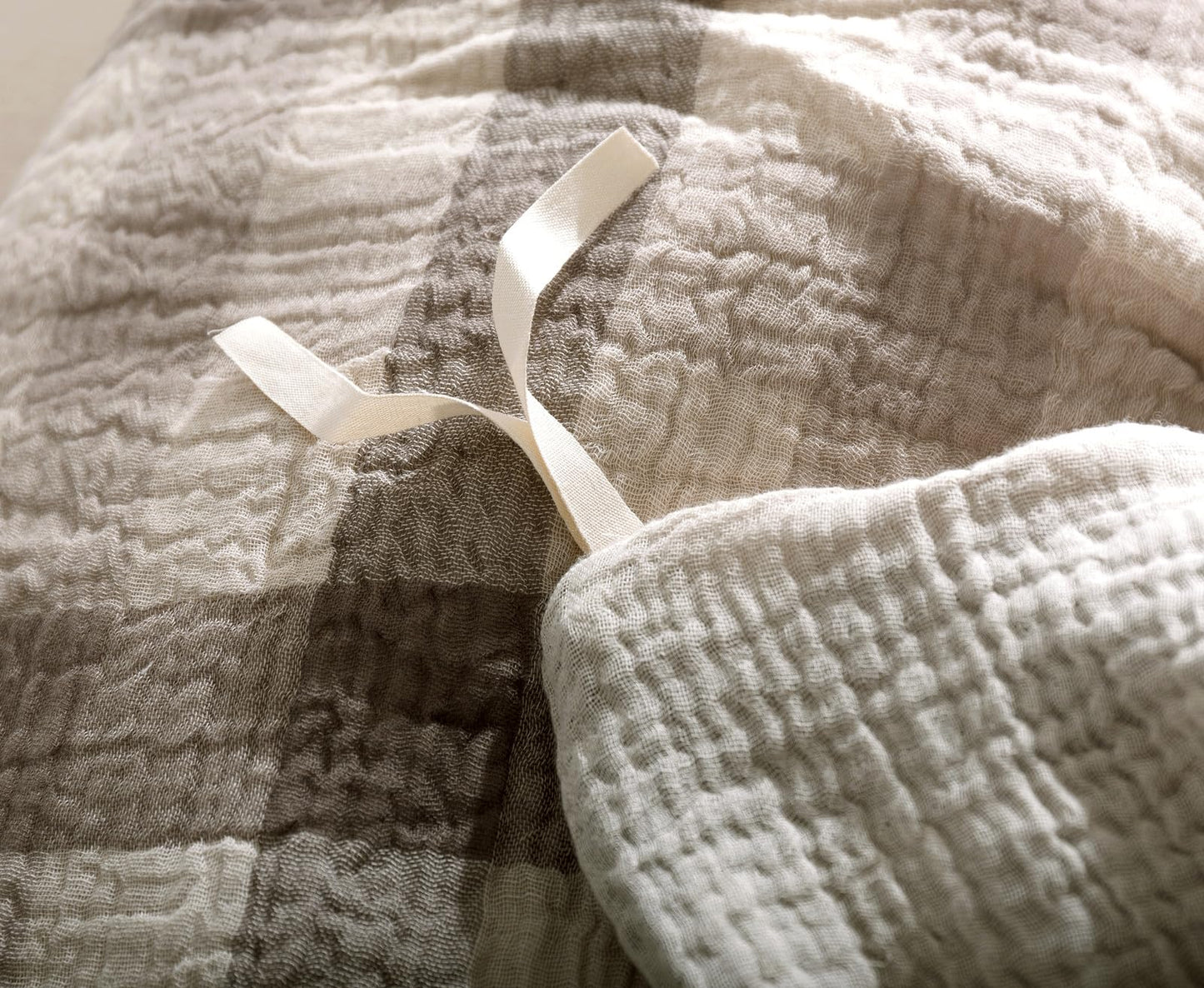VM VOUGEMARKET Beige Grey Gingham Duvet Cover Queen Muslin Cotton Plaid Bedding Set Soft Breathable Linen Like Gauze Comforter Cover with Zipper Closure for Teen Men-3 Pieces,90"x90"