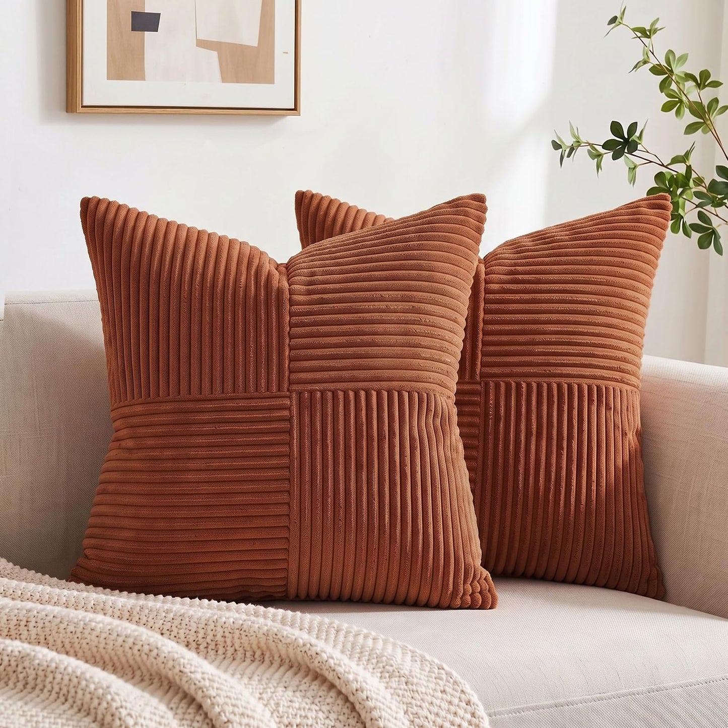 Fancy Homi 2 Packs Rust Boho Decorative Throw Pillow Covers 18x18 Inch for Couch Bed Sofa, Farmhouse Fall Home Decor, Soft Corss Corduroy Patchwork Textured Terracotta Accent Cushion Case 45x45 cm