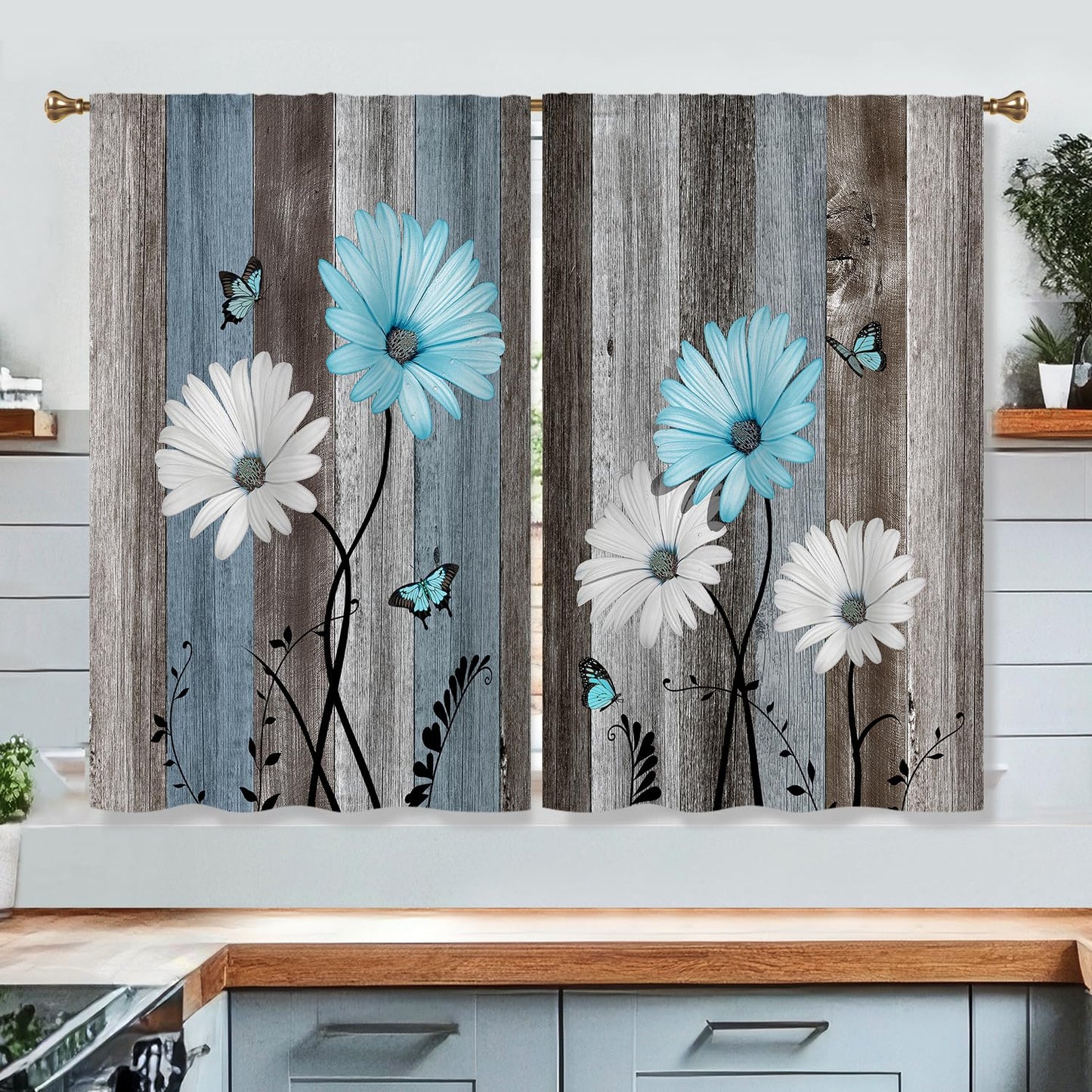 Cizuug Blue Farmhouse Daisy Kitchen Curtains Wooden Flower Small Short Cafe Window Curtains Rustic Floral Butterfly Country Bathroom Drapes Treatment Tier Curtains 2 Panels