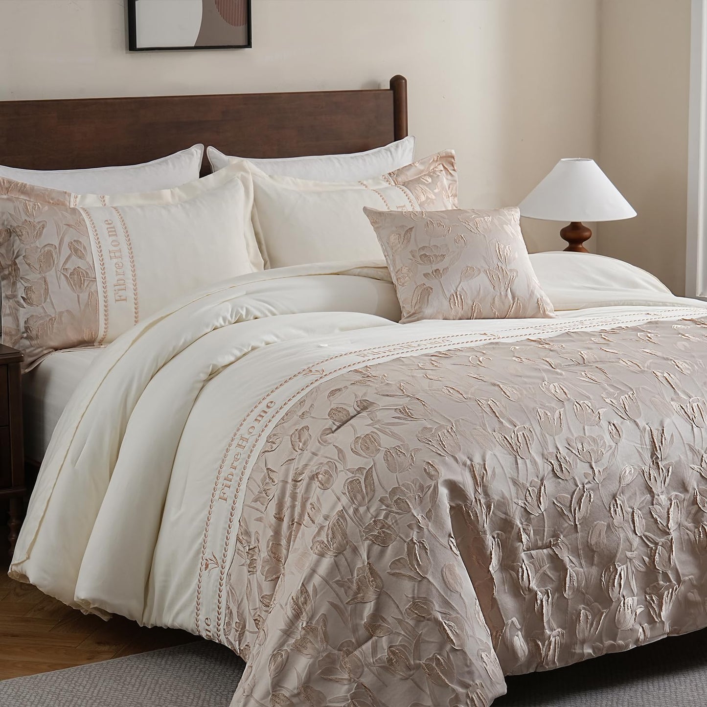 Queen Bed in a Bag 6-Pieces Jacquard Embroidery Splicing Design Tulip Flowers Bedding Set Beige and Champagne Comforter Set Durable and Super Soft Microfiber Comforter for All Season (fd002-Queen)
