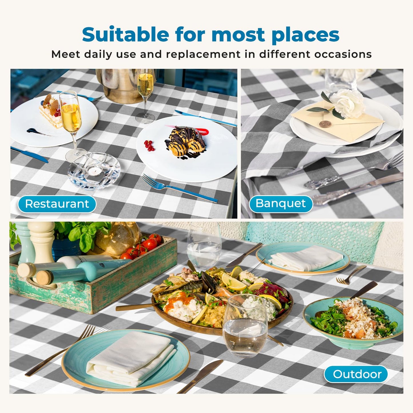 BETRIC Checkered Tablecloth,60x84-Inch,Gray and White,Buffalo Plaid Tablecloth - Washable, Wrinkle-Resistant Suitable for Restaurants, Outdoor picnics and Holiday Decorations-Gray and White