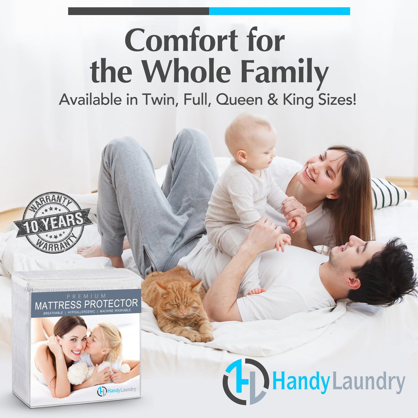 Handy Laundry Waterproof Mattress Protector – Breathable, Machine-Washable Mattress Cover – Perfect for Kids, Adults, and Pets – Extends Mattress Life. (Full Size)