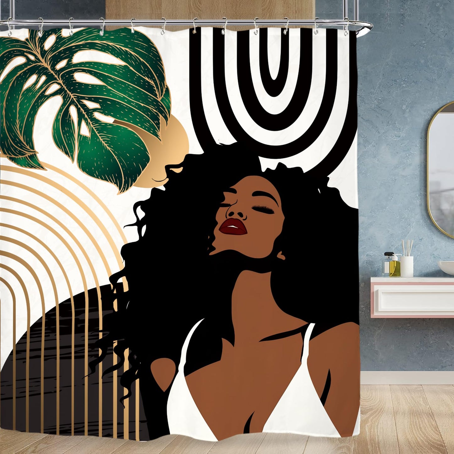 Miyotaa Abstract Emerald Green Shower Curtain Set 60Wx71H Inches African American Black Woman Girl Sexy Minimalist Aesthetic Modern Waterproof Bathroom Curtain with 12 Hooks