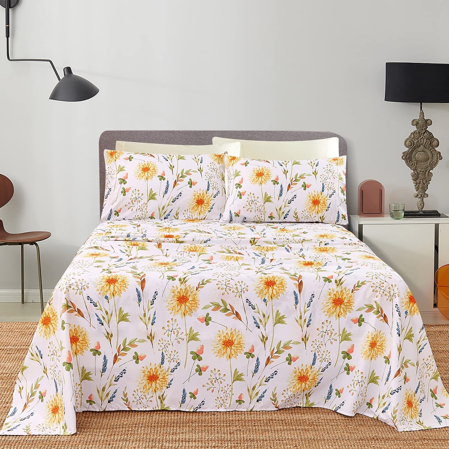 JSD 6 Piece Floral Print Sheet Set Queen Size, Soft Spring Botanical Microfiber Bed Sheets Deep Pocket
