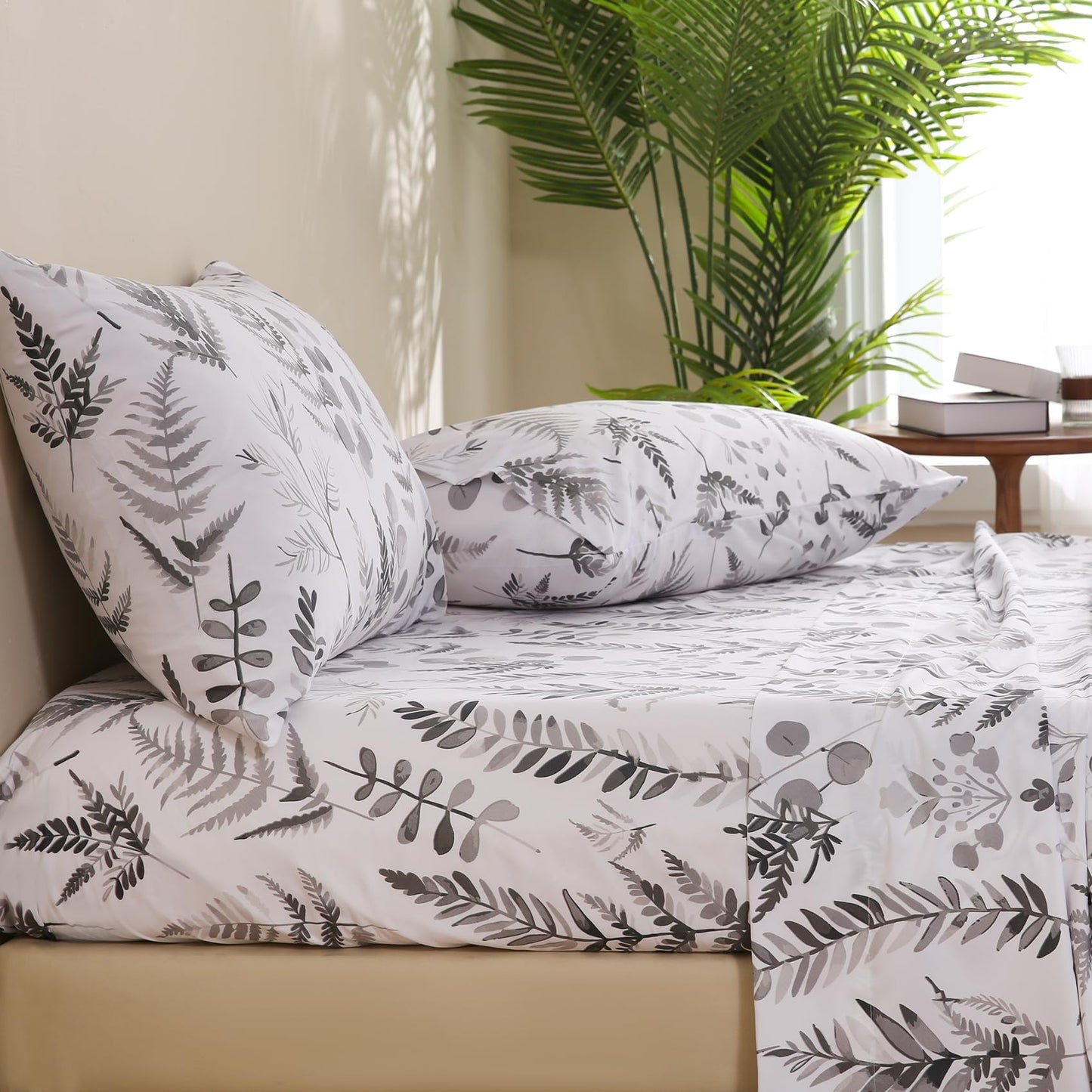 JSD Boho Floral Sheet Set Full Size, 4 Piece Grey Herbs Ferns Printed Microfiber Bed Sheets Deep Pocket