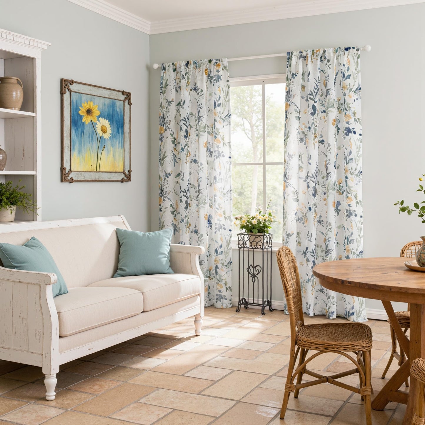 MYSKY HOME Sheer Floral Curtains 84 inches Long 2 Panels Set for Living Room Leaf Printed Summer Curtains for Bedroom Rod Pocket Window Drapes, Yellow and Blue, 52 x 84 inch