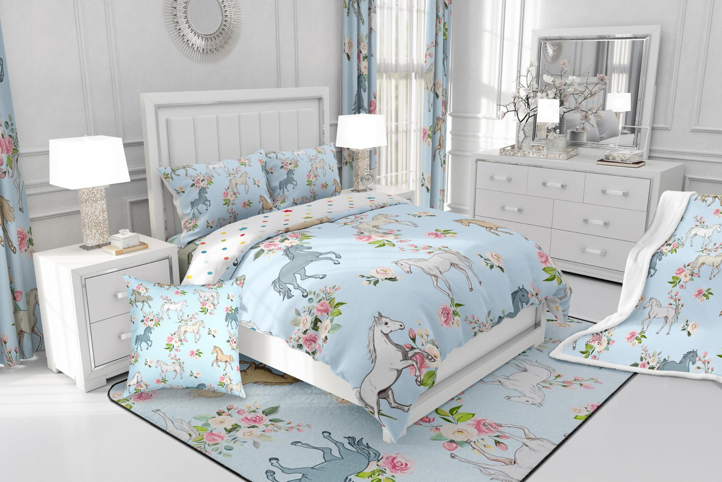 Erosebridal Horse Quilt Queen Size, Farmhouse Western Cowboy Cowgirls Duvet Insert for Kids Boys Girls Teens, Cartoon Kawaii Horse Bedding Set, Rustic Rose Floral Comforter Set + 2 Pillow Cases