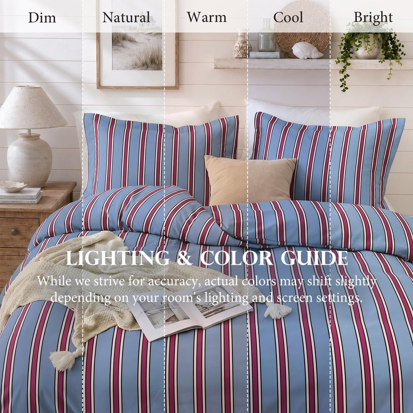 JOLLYVOGUE Striped Duvet Cover King, Blue Duvet Cover with Red Stripes