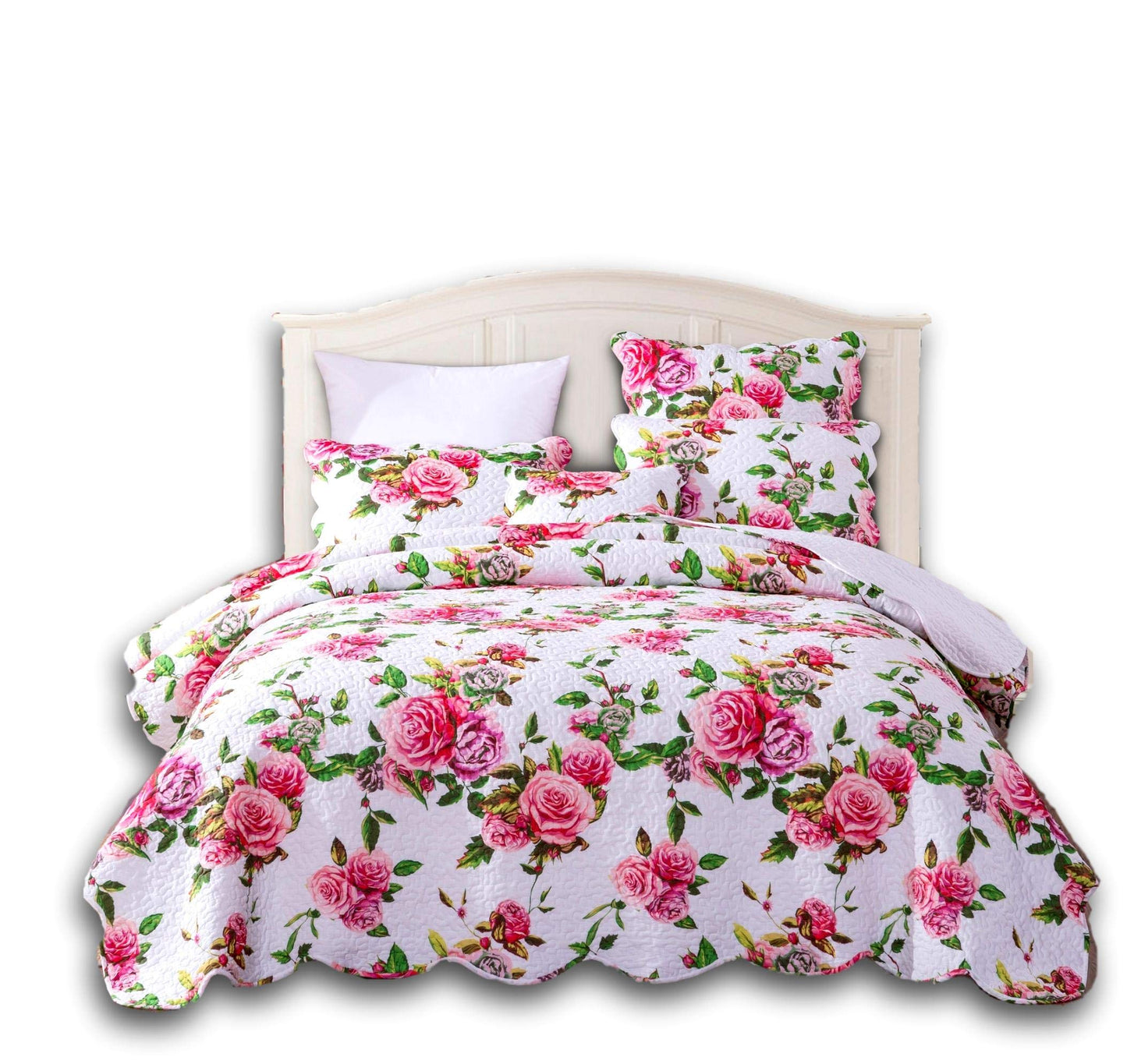 DaDa Bedding Romantic Roses Floral Bedspread Set - Lovely Spring Pink & White Scalloped Colorful Lightweight Breathable - Bright Vibrant Quilted Coverlet w/Pillow Shams - Cal King - 3-Pieces