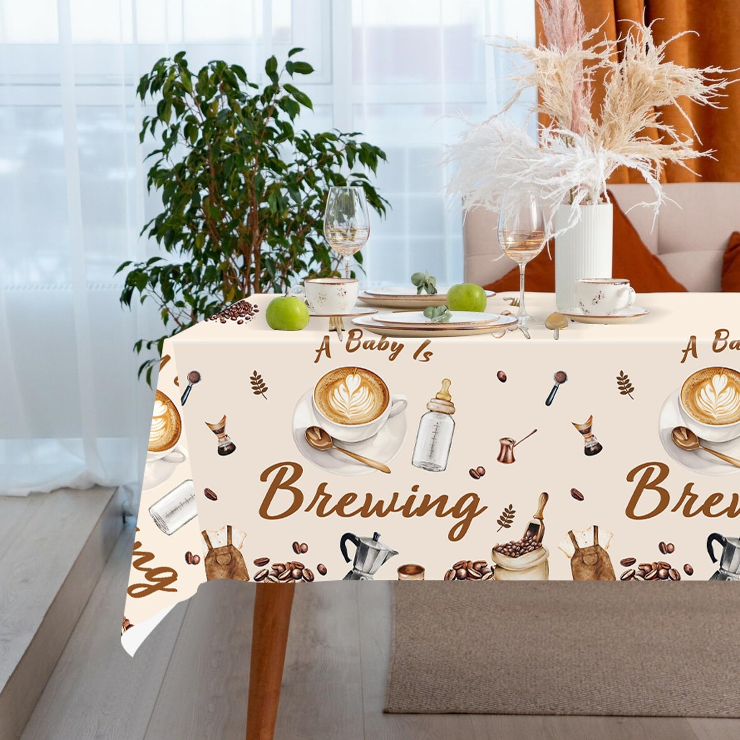 Lianxuia 3Pcs Coffee Baby Shower Plastic Tablecloth, 54 x 108 Inch A Baby is Brewing Table Cover, Disposable Coffee Themed Party Table Cloth for Gender Reveal, Baby Shower Decorations