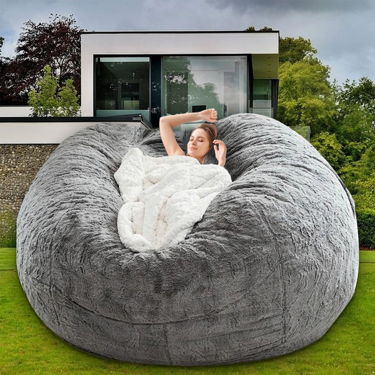 HDMLDP Bean Bag Chair for Adults Kids Without Filling Comfy Fluffy Giant Round Beanbag Lazy Sofa Cover for Reading Chair Floor Chair, 6FT, Grey