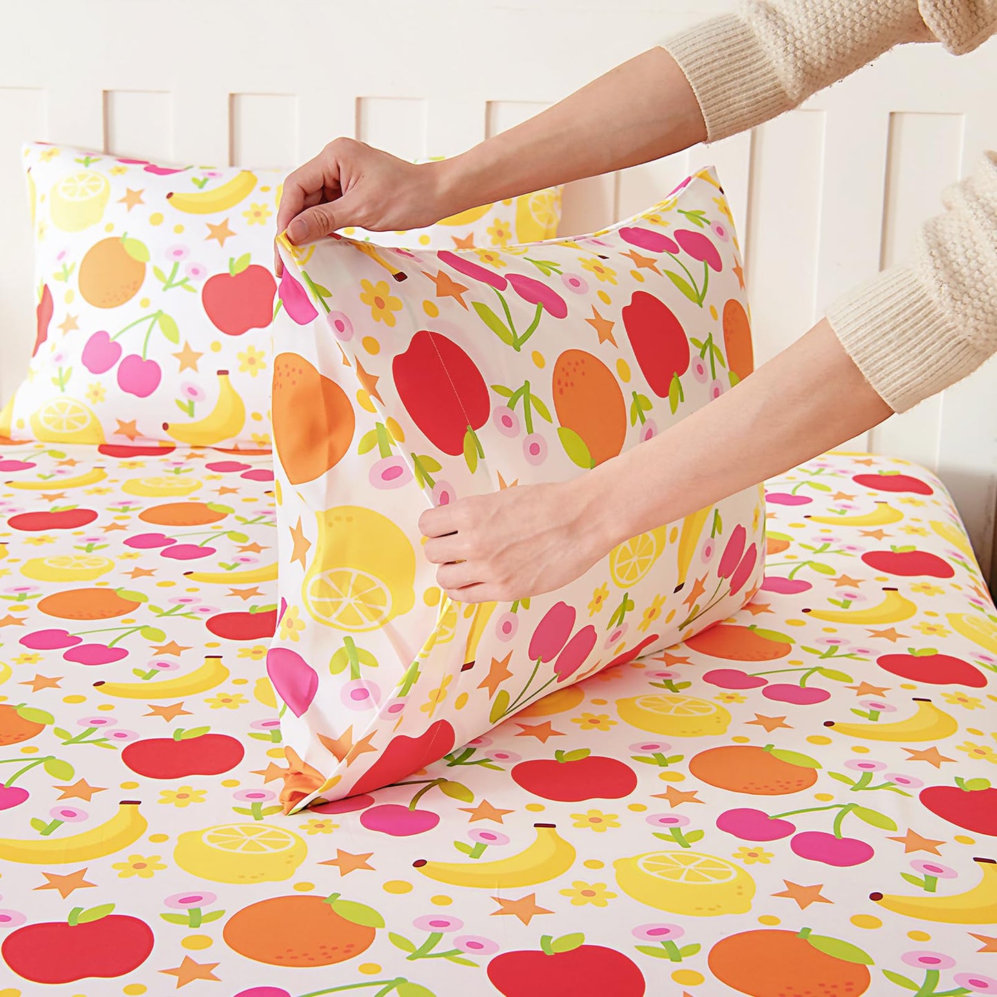 Homilay Full Sheet Set Kids - Banana Orange Lemon Cherry 4 Pieces Soft Microfiber Cartoon Style Bedsheets for Boys Girls Teens, Oeko TEX Breathable 15 Inch Deep Pocket Sheets(Fruit)