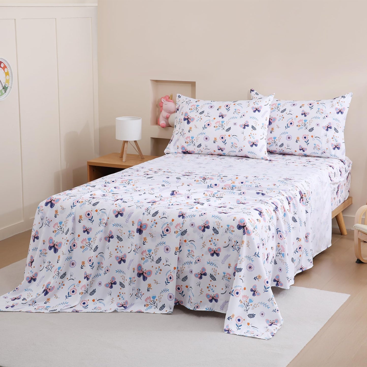 Yibeizi Butterfly Floral Sheet Set for Girls Full, Kids Boho Print Bedsheets Microfiber Deep Pocket Cute Patterned Bed Sheet & Pillowcase Sets 4 Pieces