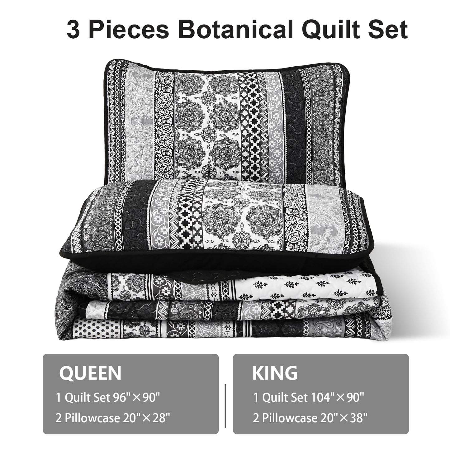 WONGS BEDDING Boho Quilt Set King Size, Grey Bohemian 3 Pieces Quilt Sets, Lightweight Bedspread Coverlet Bedding Set for All Season (104"x90")