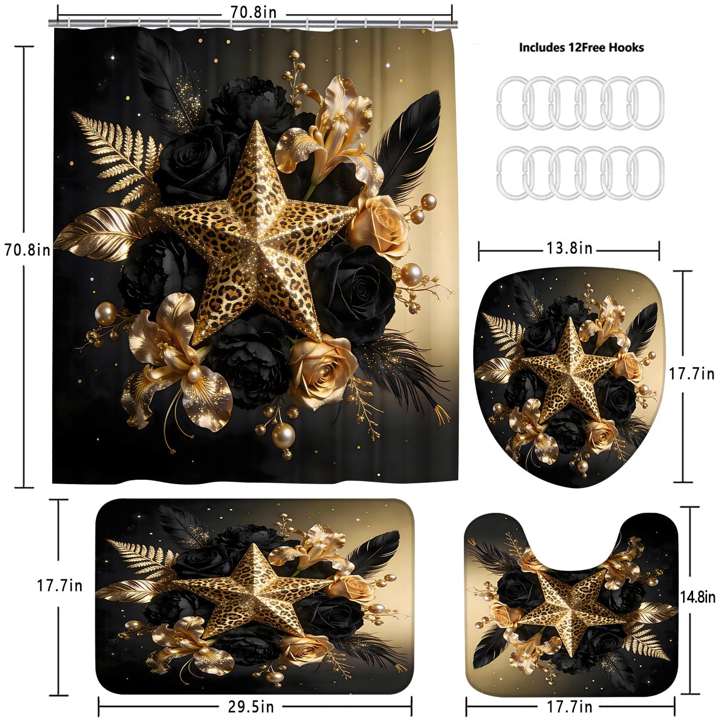 Black and Gold Shower Curtain Sets with Rugs, Luxury Leopard Star Floral Bathroom Decor, 4 Piece African Animal Print Bath Set with Non-Slip Rug, Toilet Lid Cover and Bath Mat, Waterproof Fabric