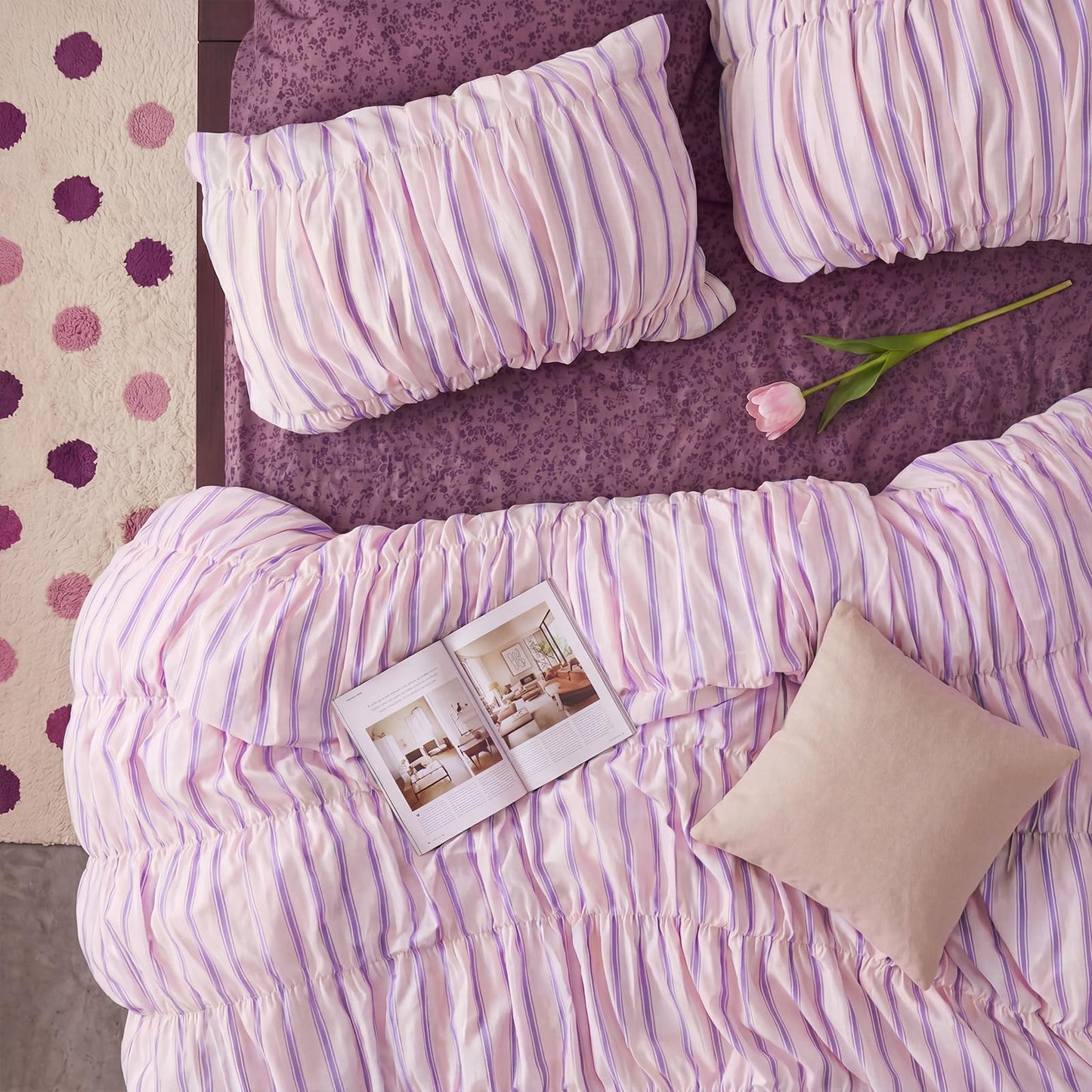 Merryword Pink Ruched Duvet Cover Set Queen Size 100% Cotton Bedding Set Pink and Purple Striped Aesthetic Duvet Cover with Zipper Closure and 8 Corner Ties