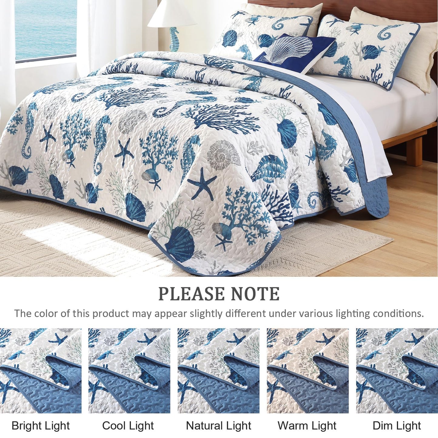 Djoymock Coastal King Size Quilt Set 3 Pcs, Summer Blue Beach Theme Quilts with Pillowcases Reversible Microfiber Ocean Bedding Set Nautical Bedspreads Coverlet Lightweight Comforter for All Season