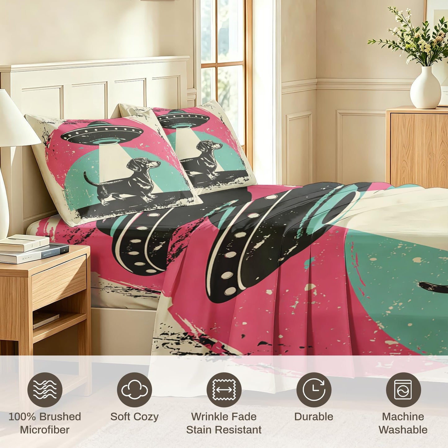 Dachshund Queen Bedding Set Boys UFO Sheet Sets