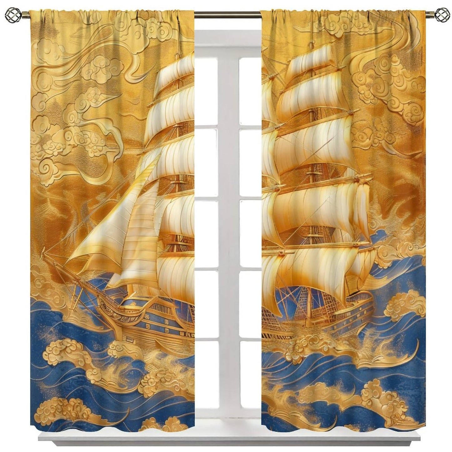TOWINSFB Classic Chinese Style Sailboat Blackout Curtains for Living Room Bedroom, Luxury Golden Ship Ocean Window Curtains Rod Pocket Thermal Insulated Window Drapes, 2 Panels, Each 21W x 45L