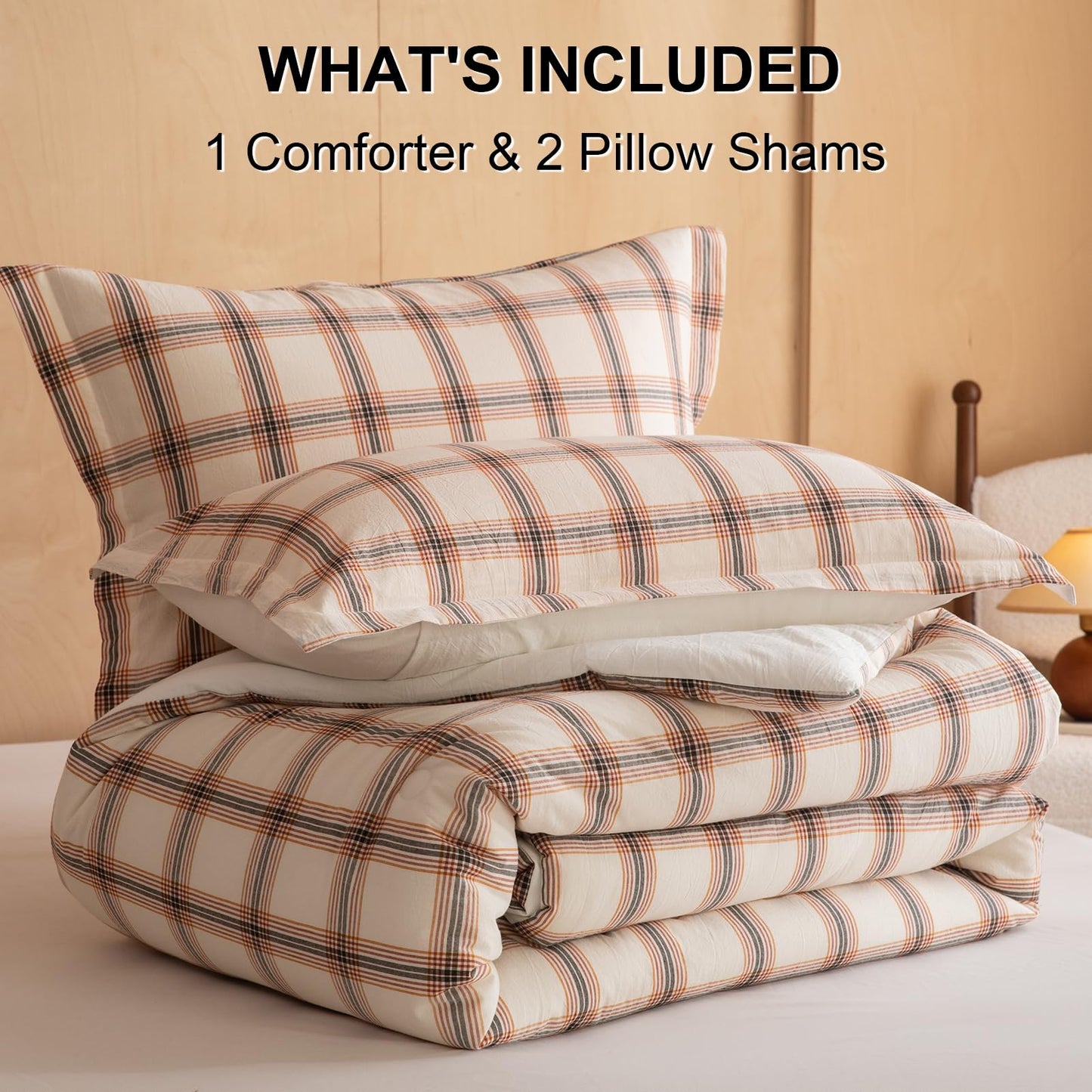 LLanCL Cotton Plaid Comforter Set Queen Size,100% Cotton Cover with Polyester Fill,Ultra Soft,Breathable,Lightweight Bedding for All Seasons,1 Comforter 90"x90" & 2 Pillow Shams 20"x26"(Beige)