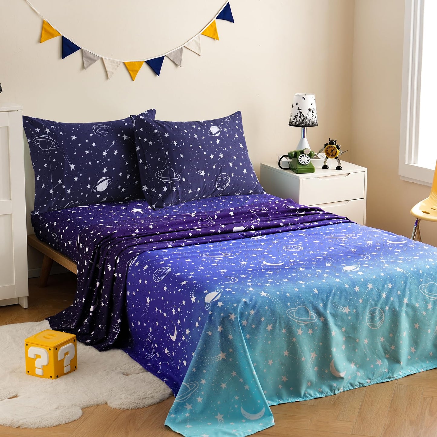 JSD Gradient Blue Moon Stars Kids Sheet Set Twin Size, 3 Piece Space Theme Microfiber Sheets Deep Pocket