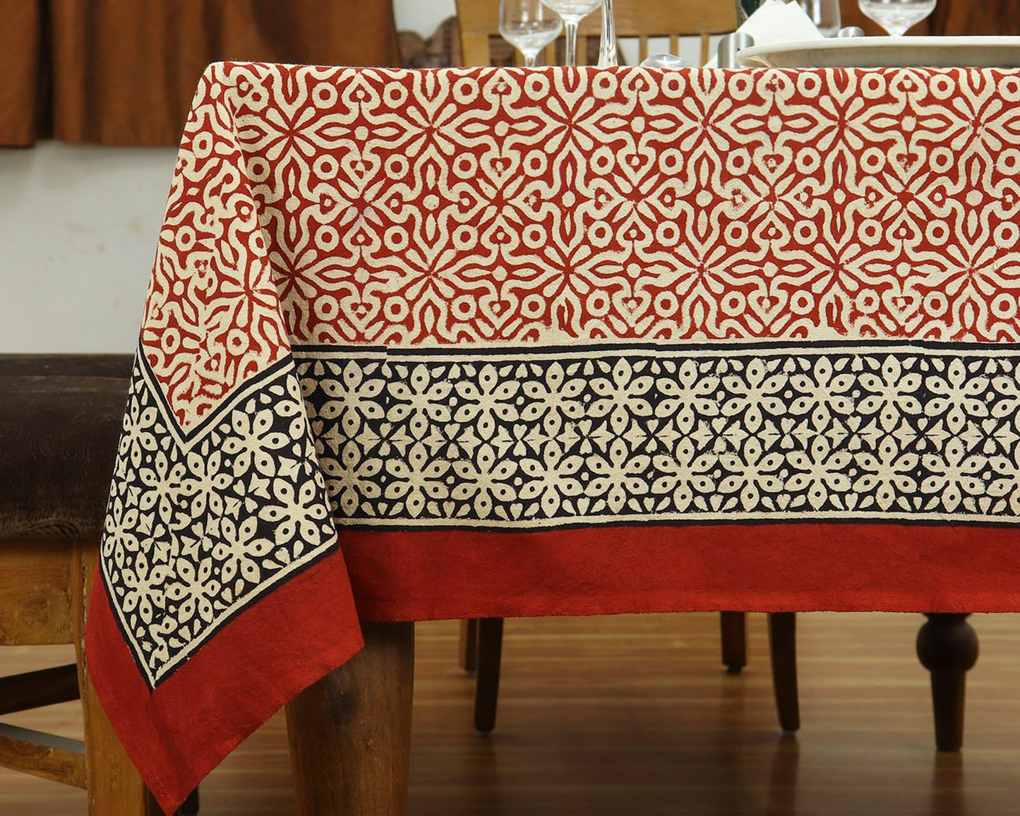 60x60 Inches Square Hand Block Printed Cotton Tablecloth, Red Black Floral Table Cloths Washable, Indian Table Linen for Outdoor Thanksgiving Gifts Home Decor Dinning Outdoor