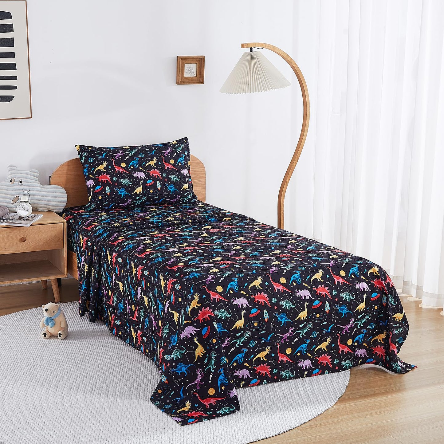 lasoftan Kids Sheet Set Twin Size, Twin Sheet Set with Space Dinosaur Pattern,Breathable Silky Soft Microfiber Kids Fitted Sheet