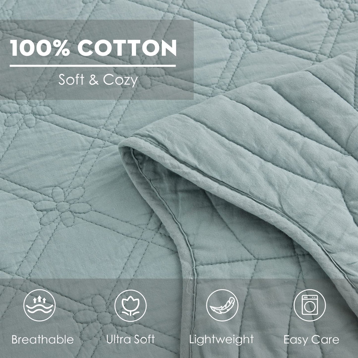 CHIXIN Cotton Bedspread Full Size - Real Stitching - Luxury Quilted Bedding Cover for All Season, Reversible, Ultra Soft, Lightweight, 3 Piece, Pale Blue