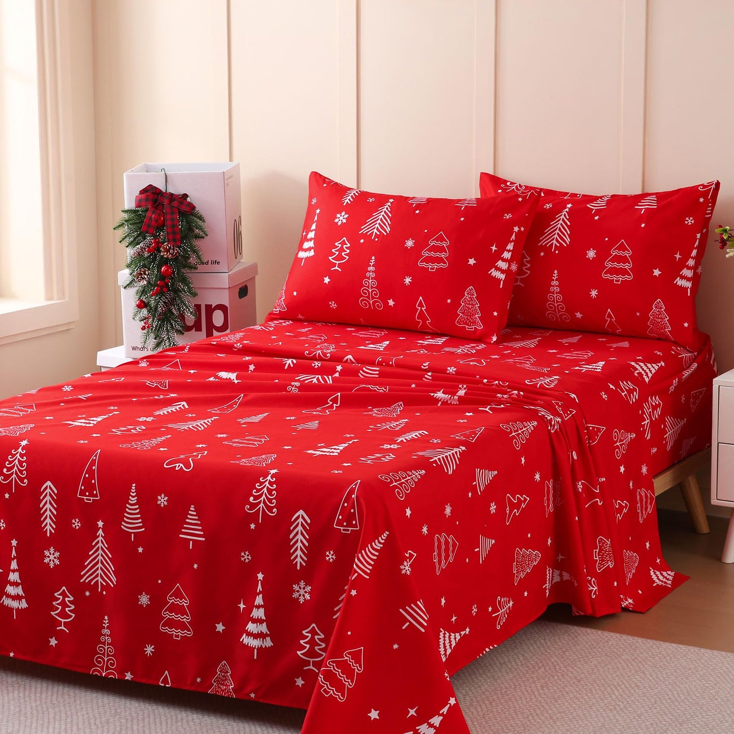 JSD Red Christmas Tree Kids Sheet Set Twin Size, 3 Piece Soft Printed Microfiber Sheets Deep Pocket