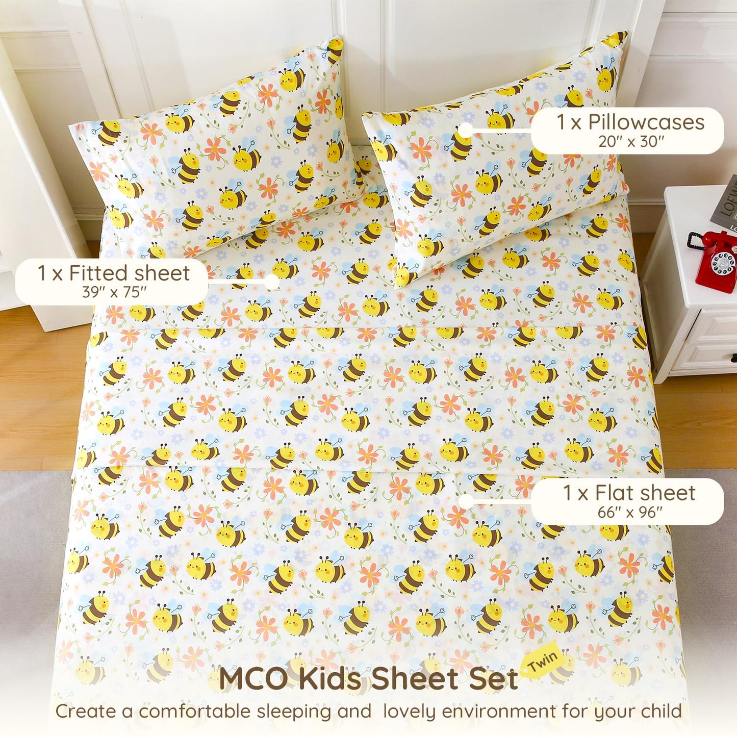 MCO Yellow Bee Twin Sheets Set Kids, Soft Microfiber Bed Sheet Set for Boy Girls, 3 Pieces Breathable Twin Sheets