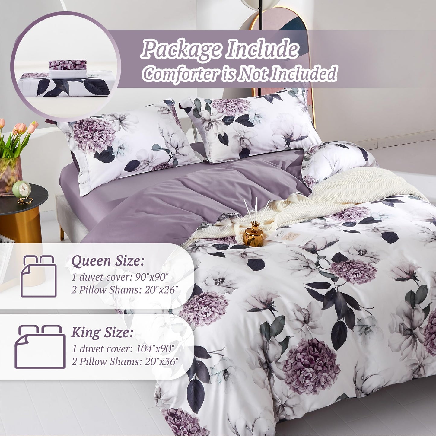 MILDLY 100% Long-Staple Cotton Duvet Cover Set Hydrangea Lotus Flower Pattern Printed Comforter Cover 3pcs, Ultra Soft & Breathable Bedding Set