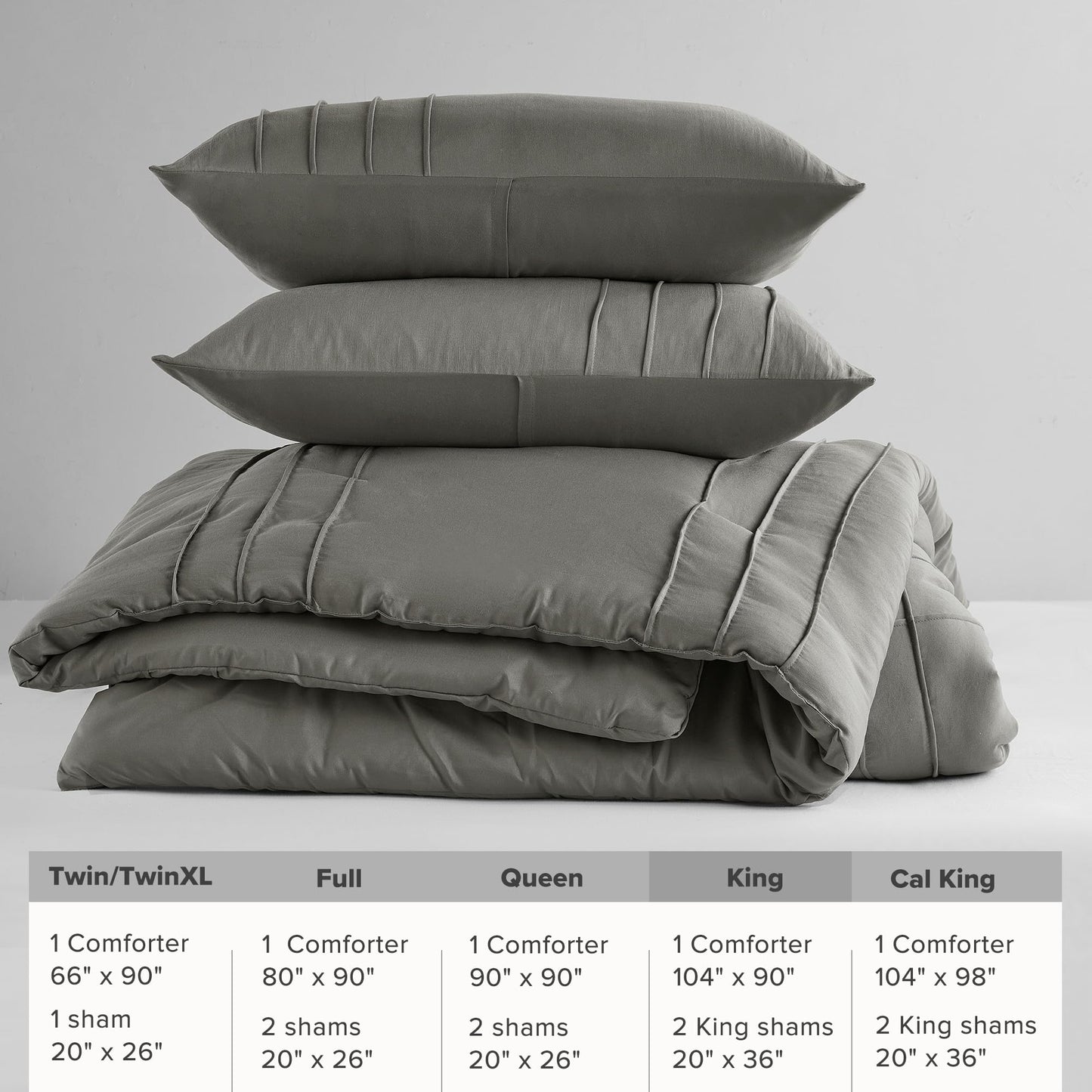 Comfort Spaces Grey King Size Comforter Set - 3 Pieces Pintuck Pleated Bedding Sets, All Season Lightweight, Extra Softness Pre-Washed Microfiber Bed Set, Shams