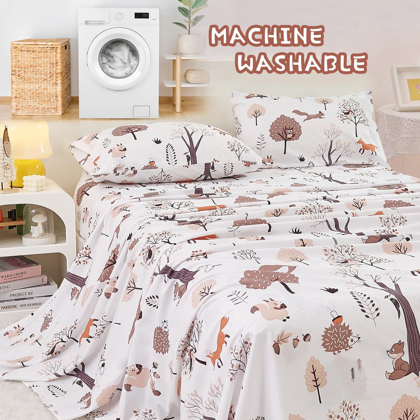 Yibeizi Woodland Forest Kids Sheets Set Twin, Fall Animal Print Bedsheets Camper Themed Microfiber Deep Pocket Bed Sheet & Pillowcase Sets 3 Pieces