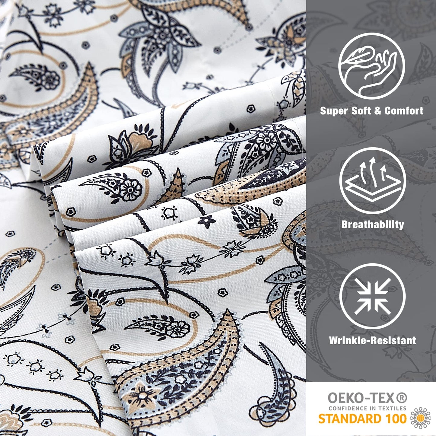JSD Grey Paisley Printed Sheet Set Queen Size, 4 Piece Soft Retro Pattern Microfiber Sheets Extra Deep Pocket